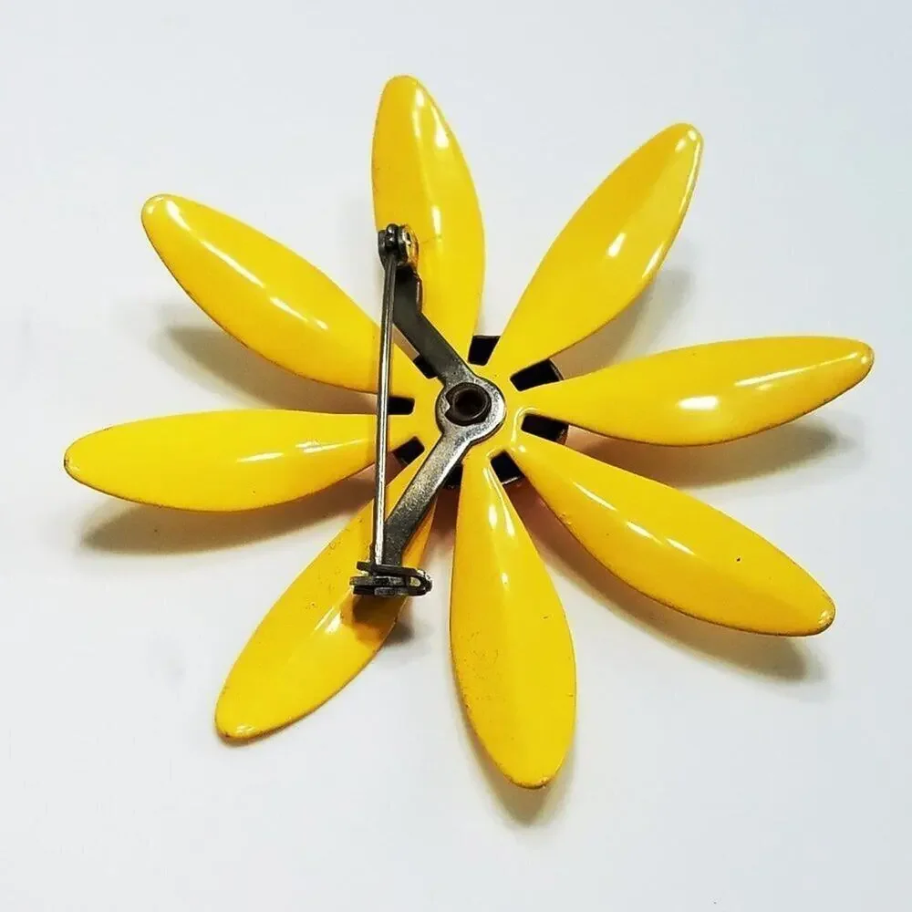 Vintage 1960s Yellow Enamel Daisy Flower Brooch Orange Center Mod Pin Jewelry